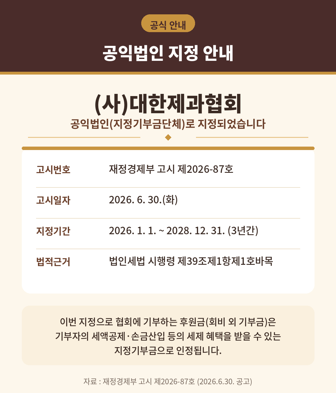 대한제과협회, 세법상 공익법인 지정